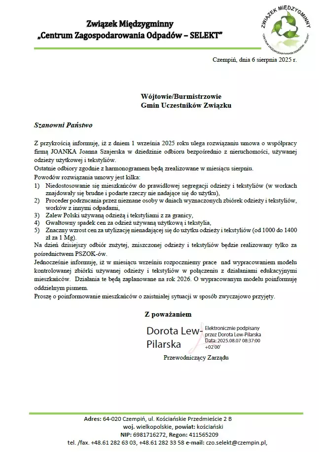 SELEKT pismo w sprawie rozwiązania umowy odbioru tekstyliów