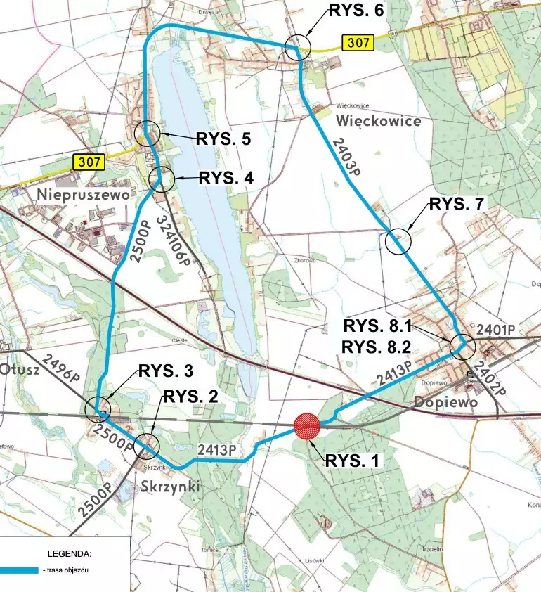 Objazd na trasie Podłoziny - Dopiewo