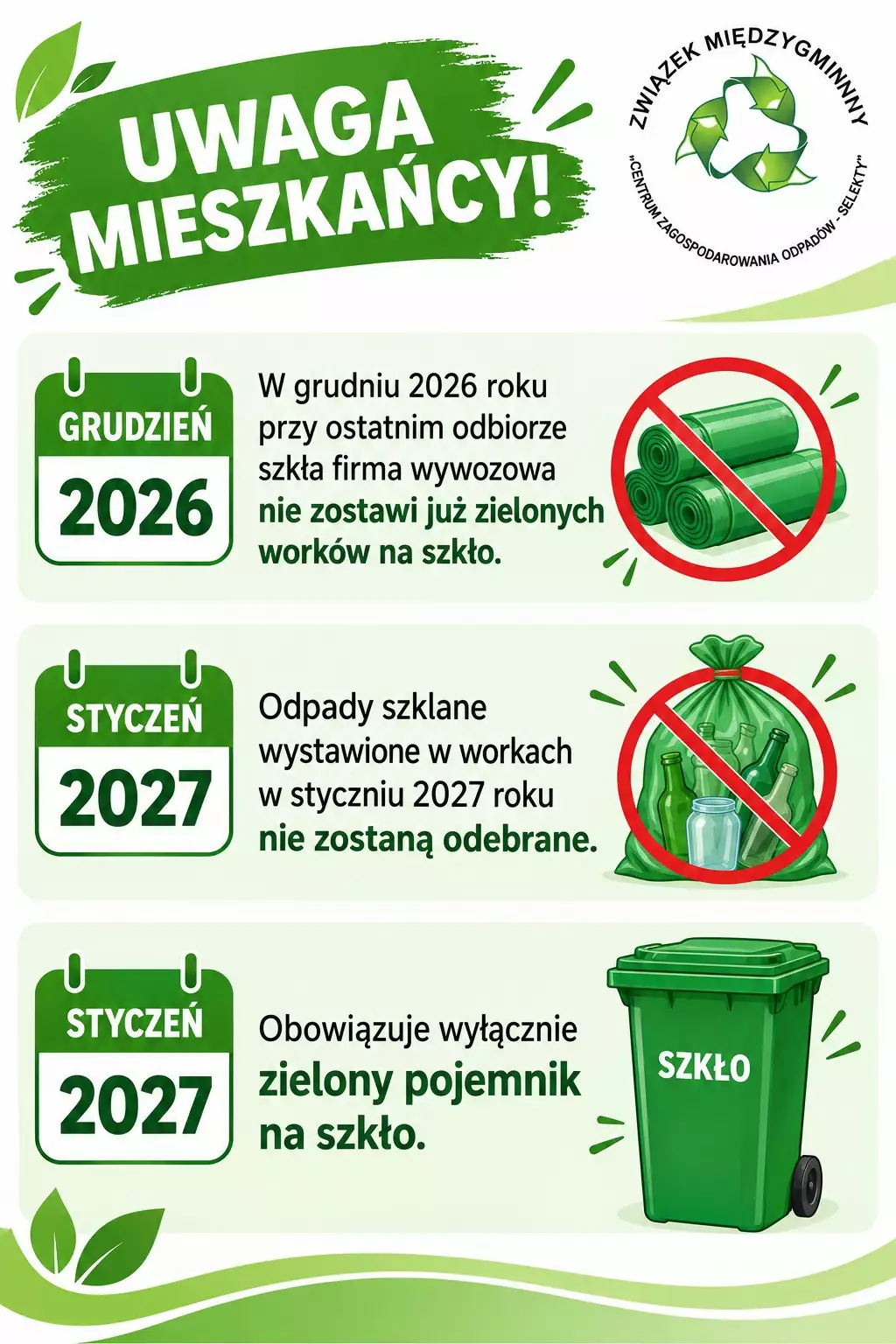 Odbiór szkła tylko z zielonego pojemnika