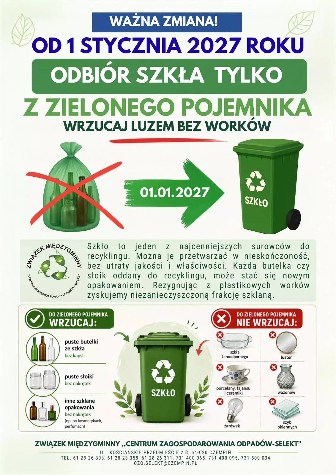 Odbiór szkła tylko z zielonego pojemnika